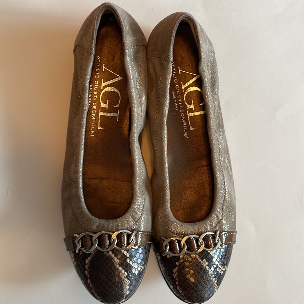 Agl Flats Python Toe Shimmery Tan Leather Size 42 - image 2